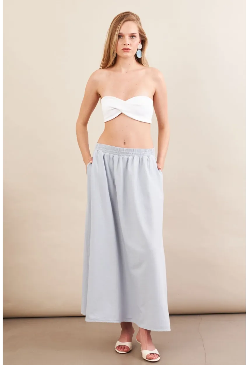 Kadın Bebe Mavi Keten Cepli Midi Etek RSP4440