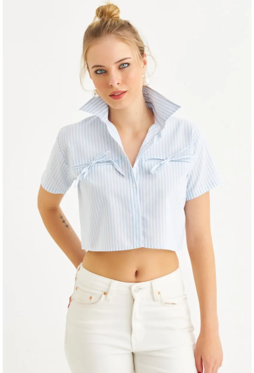 Kadın Bebe Mavi Kurdele Detaylı Crop Gömlek MPC302