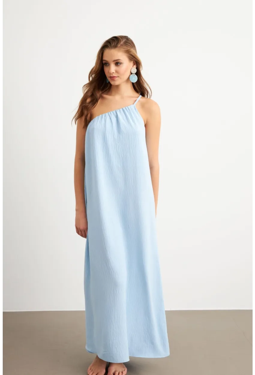 Kadın Bebe Mavi Tek Omuz Maxi Elbise İRE1012