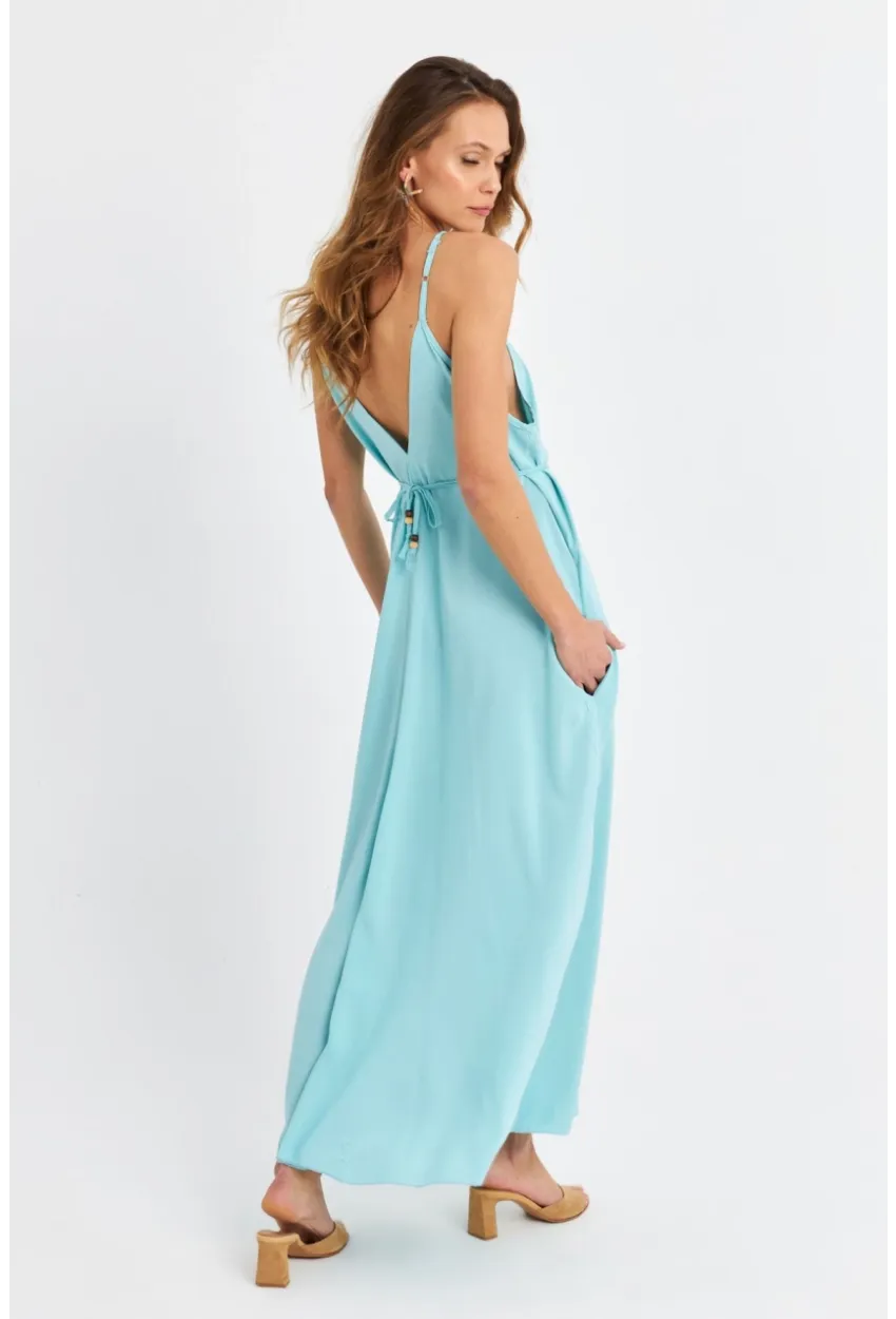 Kadın Bebe Mavi Ön Arka V Cepli Salaş Midi Elbise PC10758