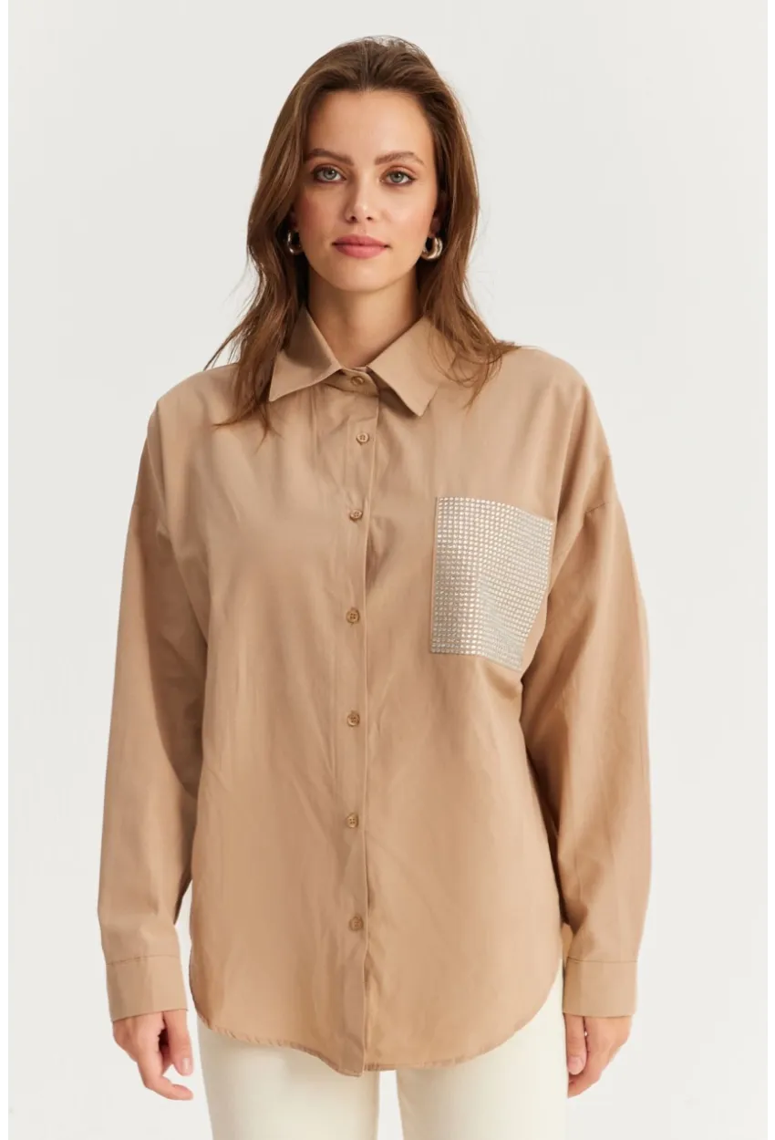 Kadın Bej Cepli Taşlı Gömlek ZER414