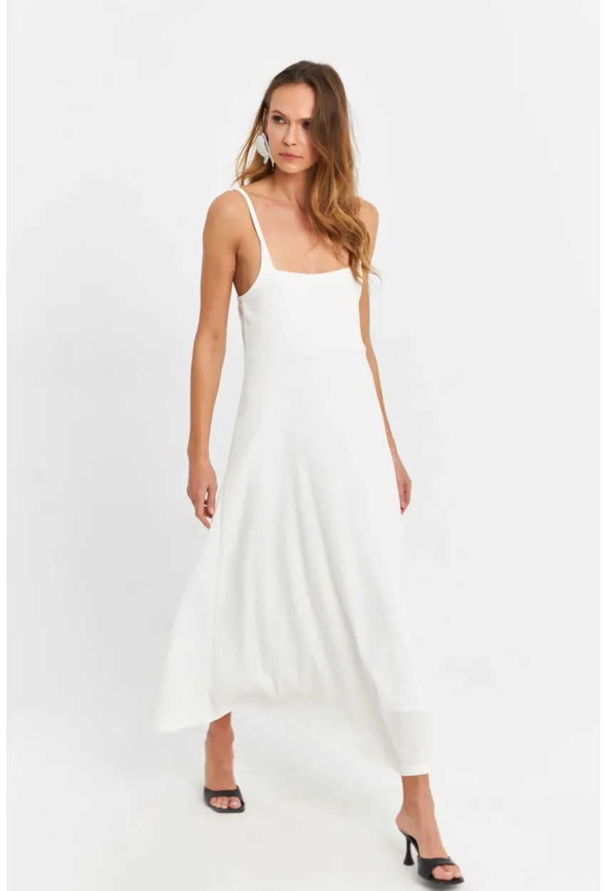 Kadın Beyaz Askılı Bürümcük Midi Elbise EY3057