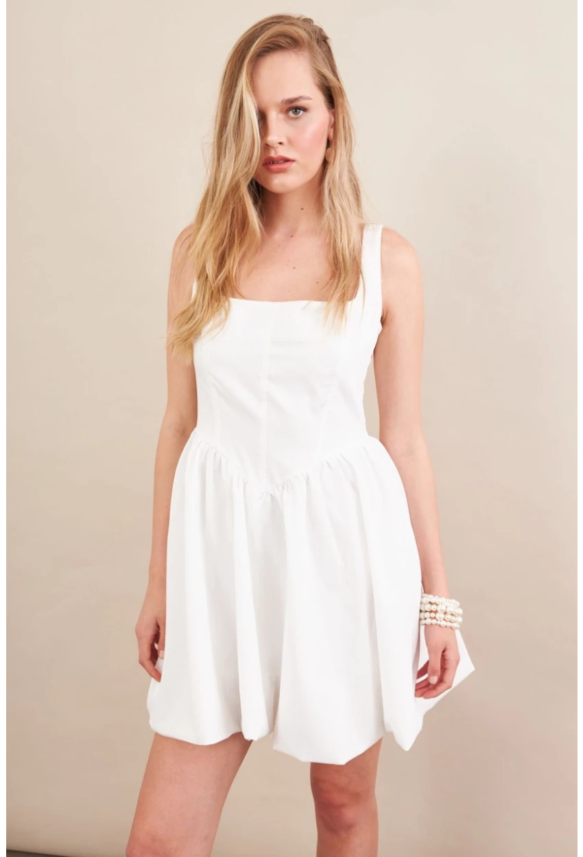 Kadın Beyaz Askılı Mini Balon Elbise ERL105
