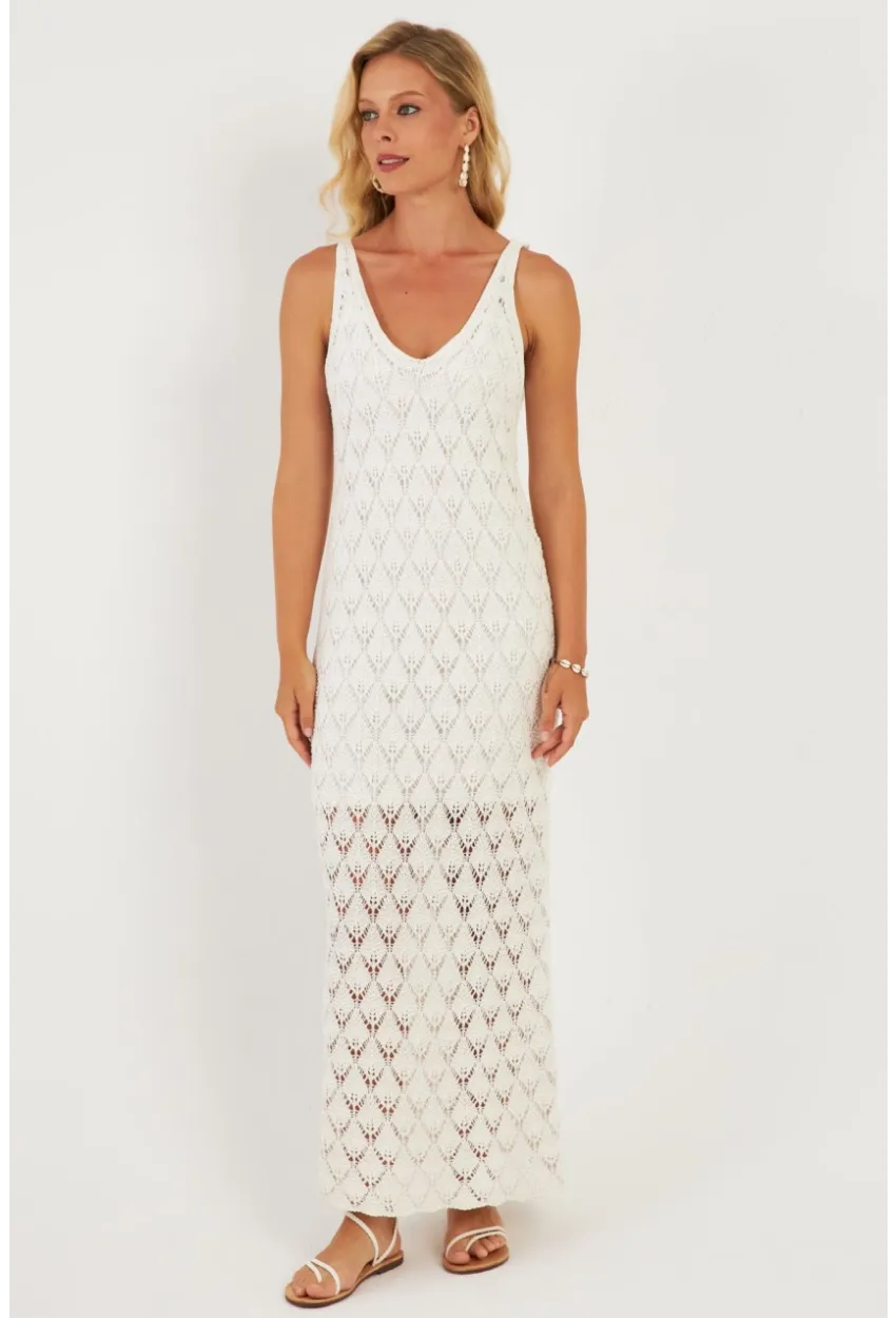 Kadın Beyaz Astarlı Triko Maxi Elbise KZ3211