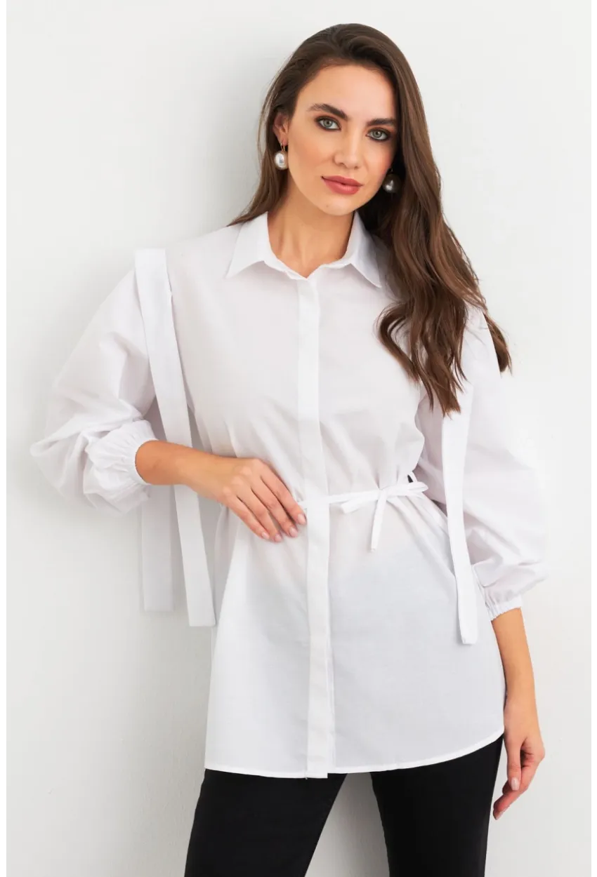 Kadın Beyaz Bağlama Detaylı Basic Gömlek MASF185