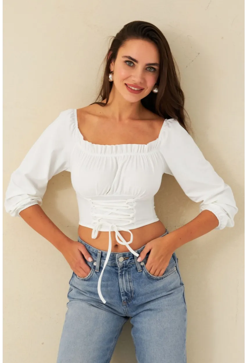 Kadın Beyaz Bağlama Detaylı Crop Bluz CG387