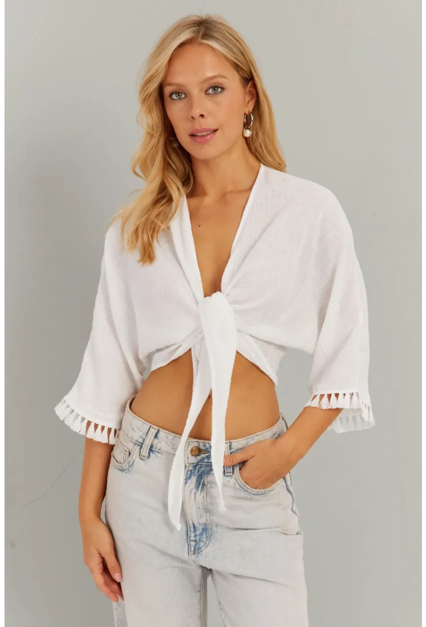Kadın Beyaz Bağlamalı Bluz KS034