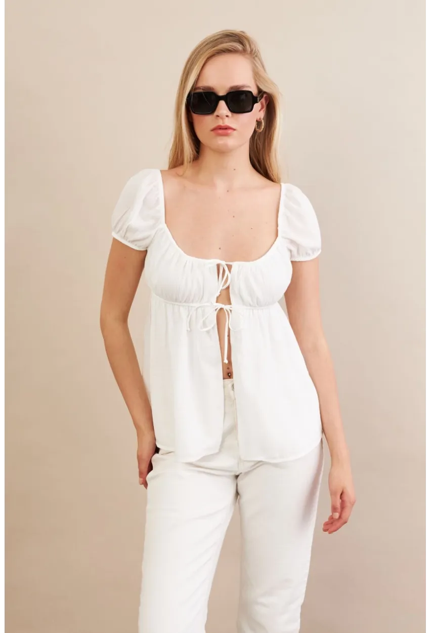 Kadın Beyaz Bağlamalı Rustik Bluz ZH128