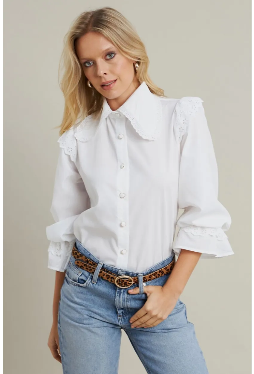 Kadın Beyaz Bebe Yaka Dantelli Gömlek MQS1839