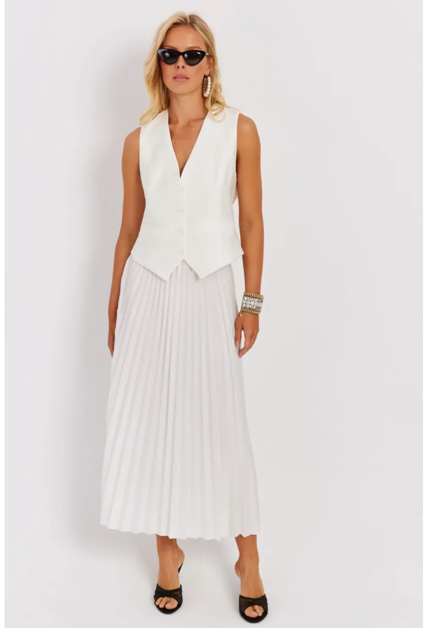 Kadın Beyaz Beli Lastikli Pilise Etek OW145