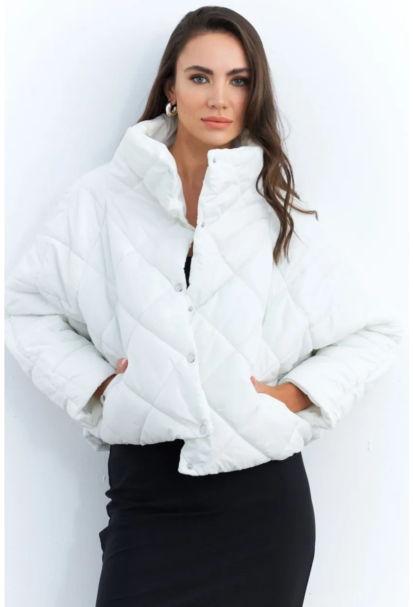 Kadın Beyaz Beli Lastikli Yarasa Kol Şişme Mont MX11