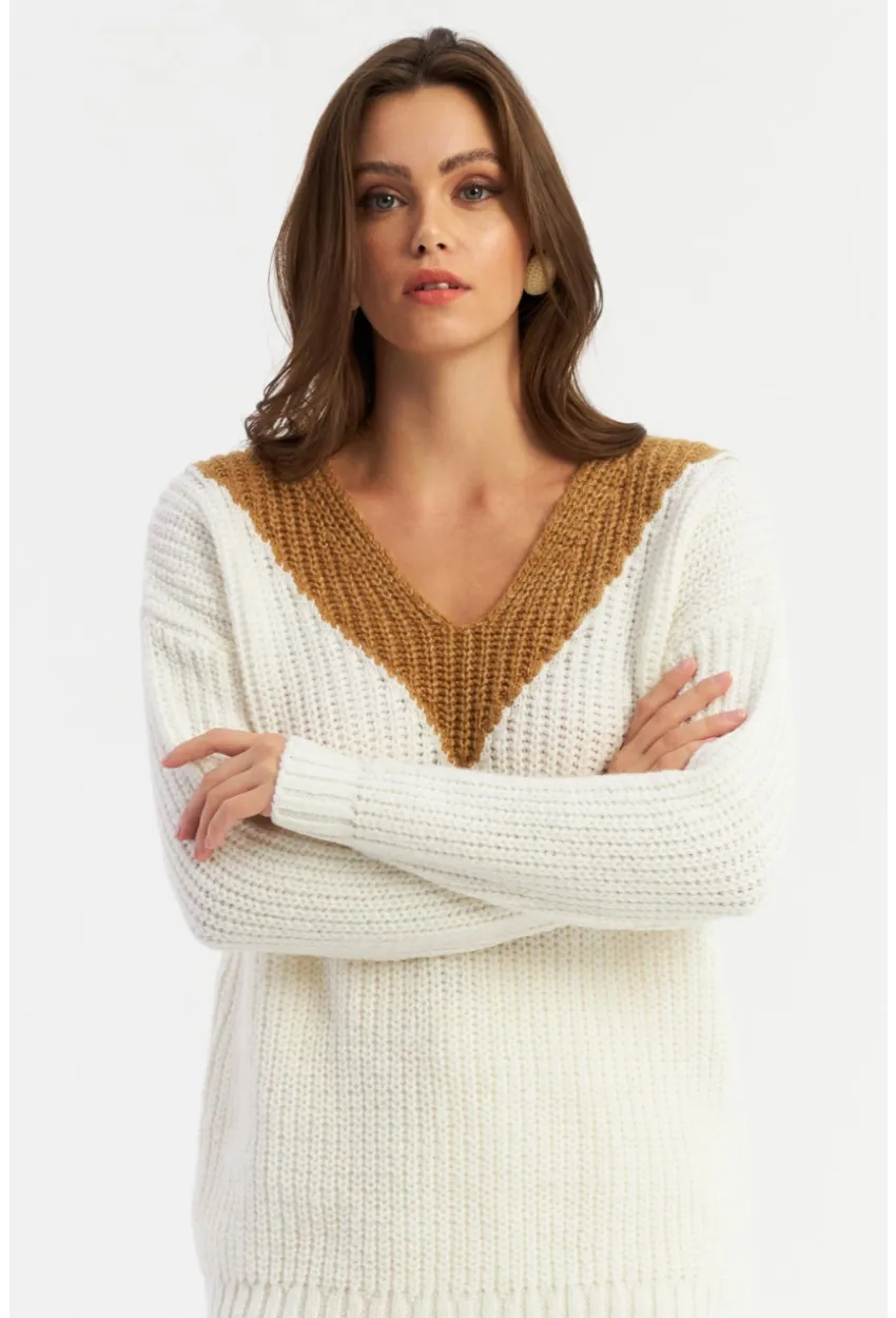 Kadın Beyaz-Camel V Yaka Triko Kazak SMT2434