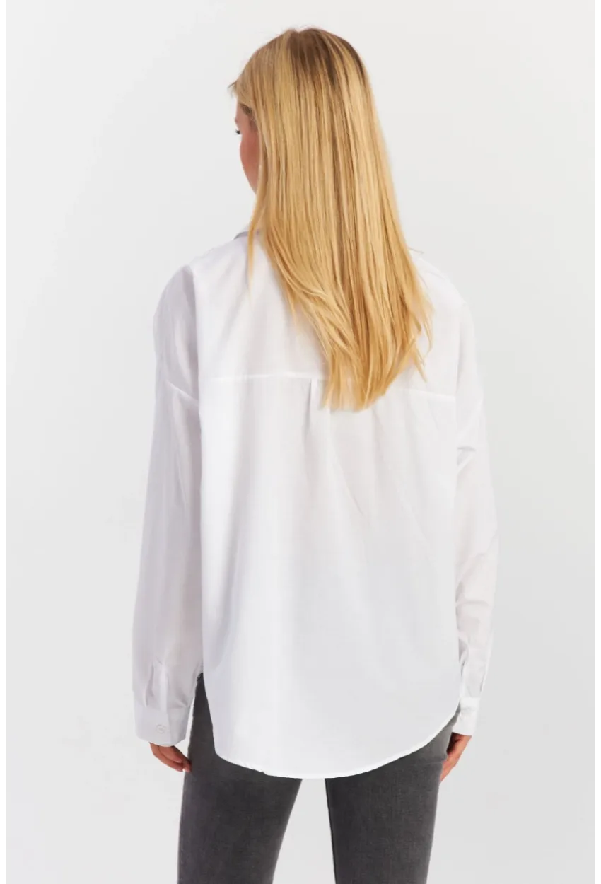 Kadın Beyaz Cepli Taşlı Gömlek MZER414