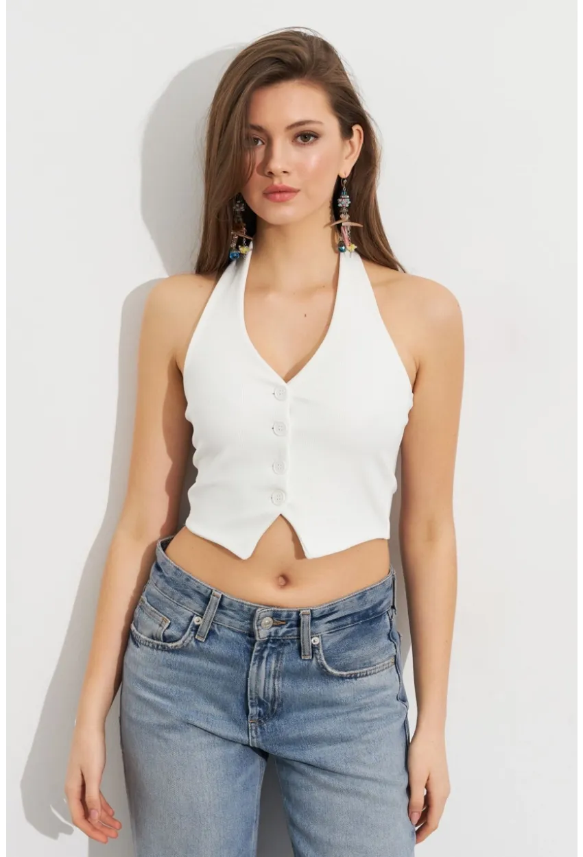 Kadın Beyaz Crop Bluz SE18