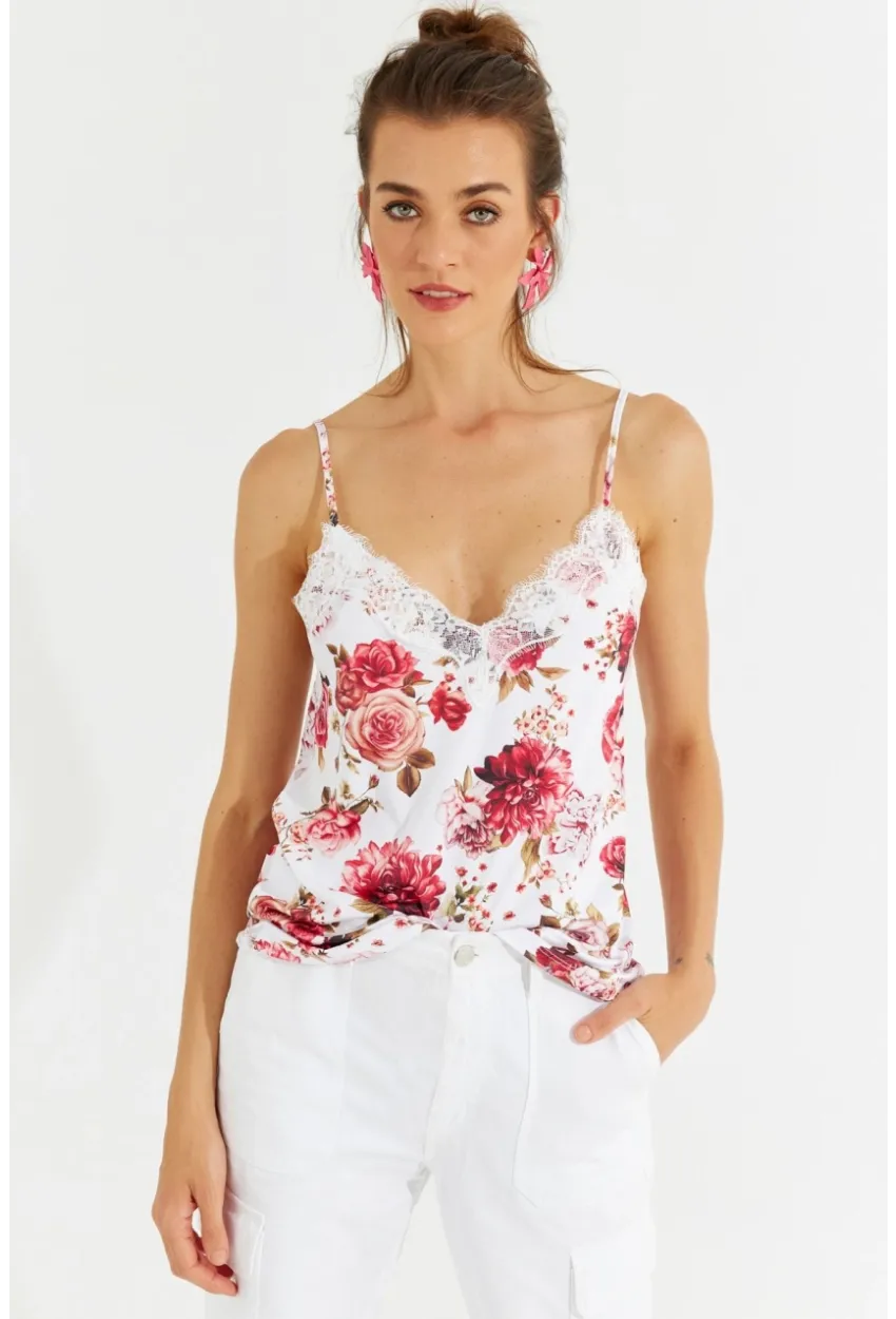 Kadın Beyaz Dantelli Askılı Çiçekli Bluz LPP1227