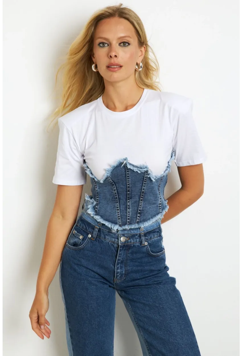 Kadın Beyaz Denim Bloklu Vatkalı  Bluz YZ636