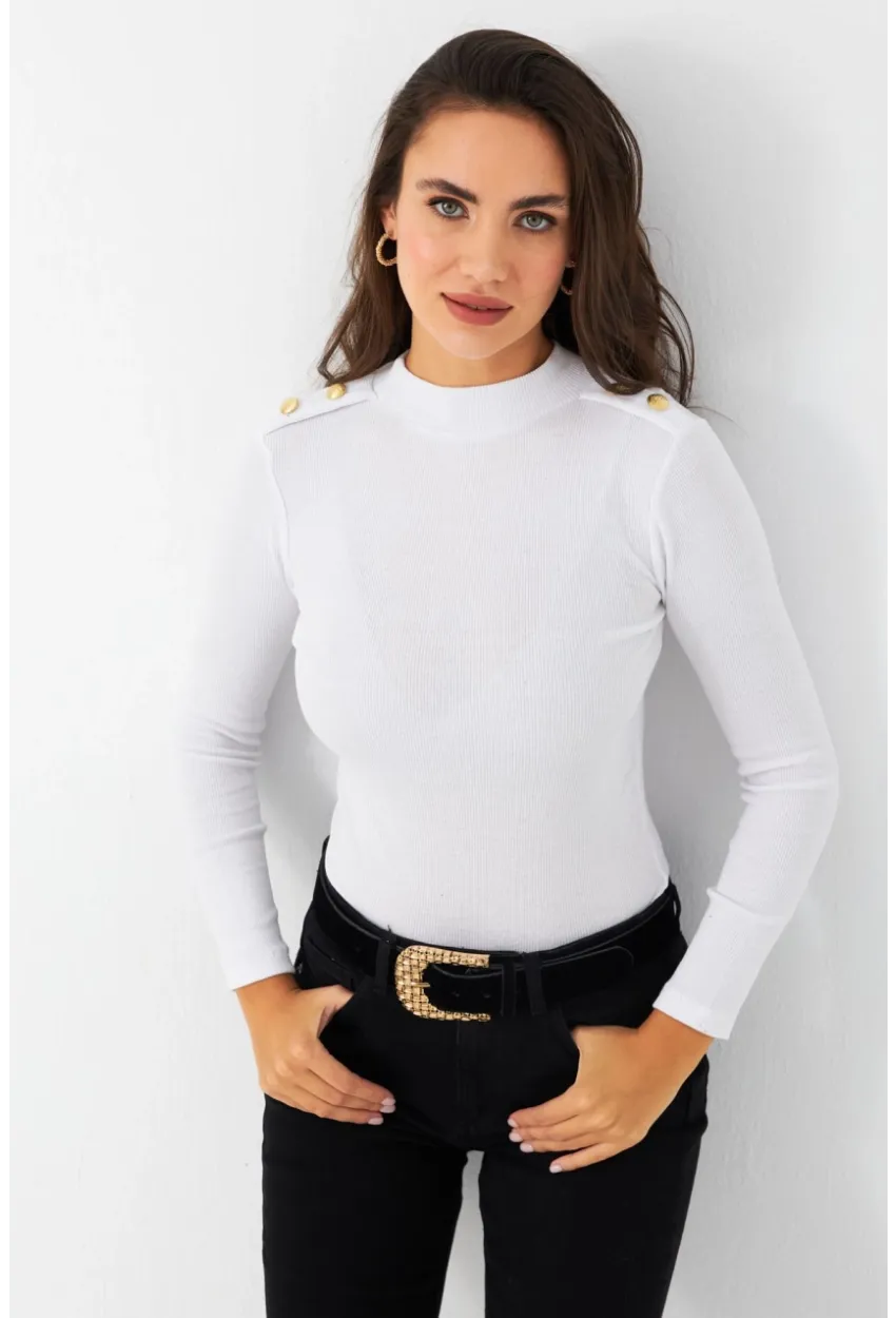 Kadın Beyaz Düğme Detaylı Bluz MAYD14
