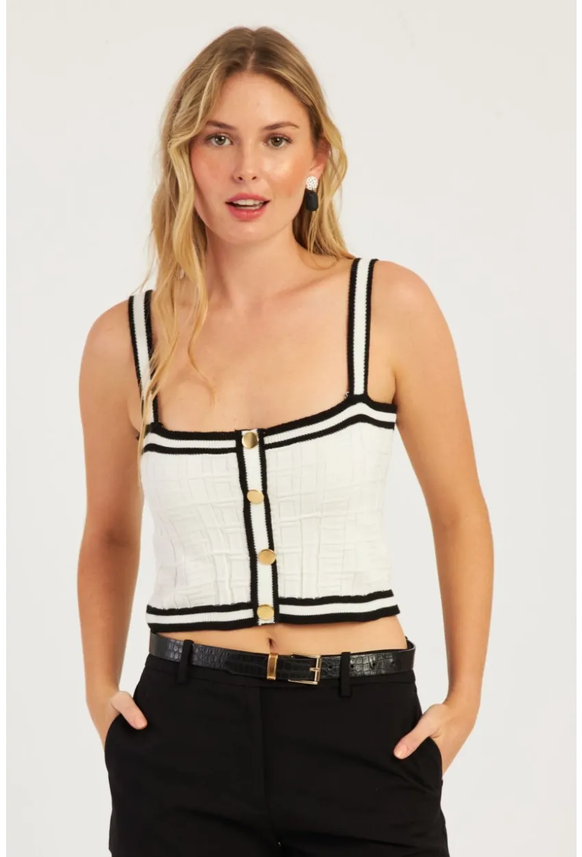 Kadın Beyaz Düğme Detaylı Triko Crop Bluz MSS134