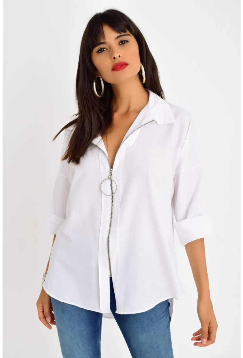 Kadın Beyaz Fermuarlı Gömlek DY25580
