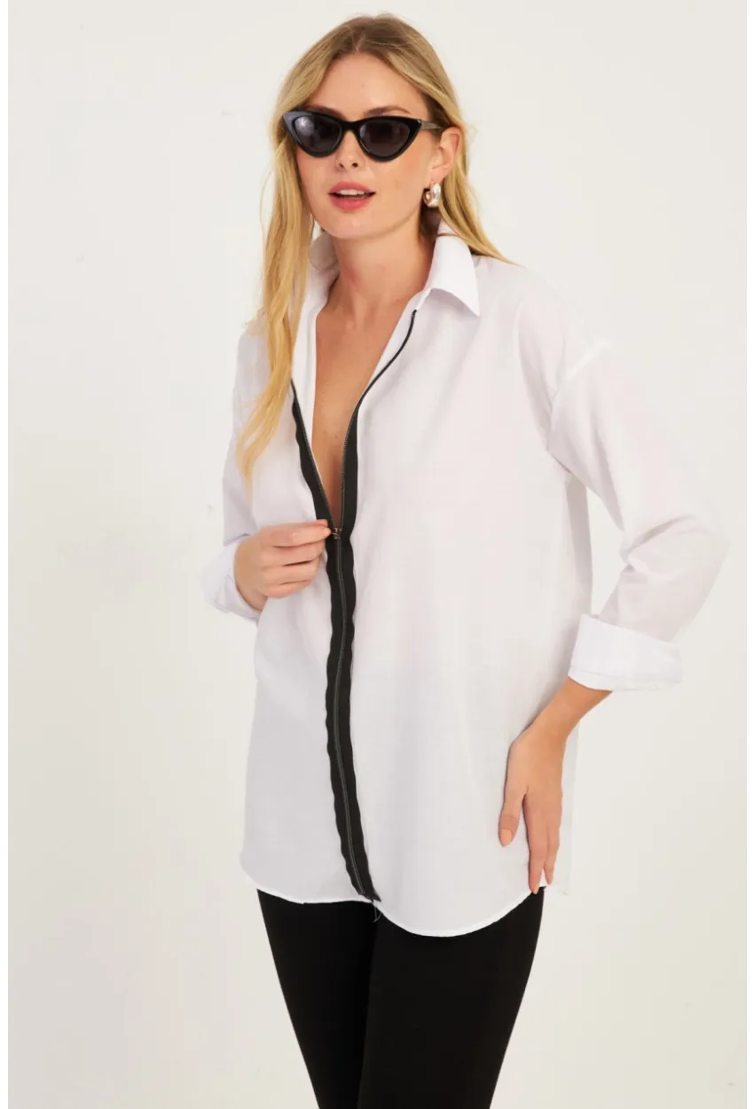 Kadın Beyaz Fermuarlı Gömlek  KPN08