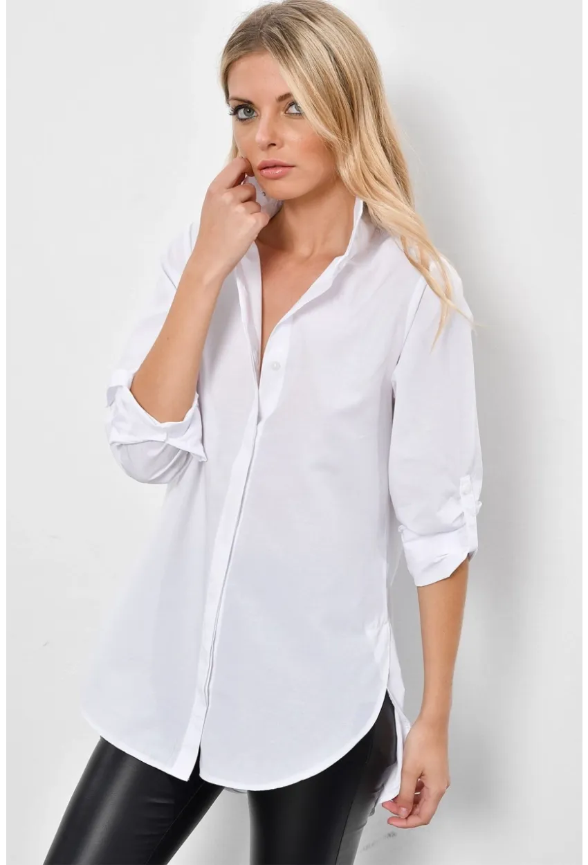Kadın Beyaz Gizli Düğmeli Uzun Gömlek SF2001