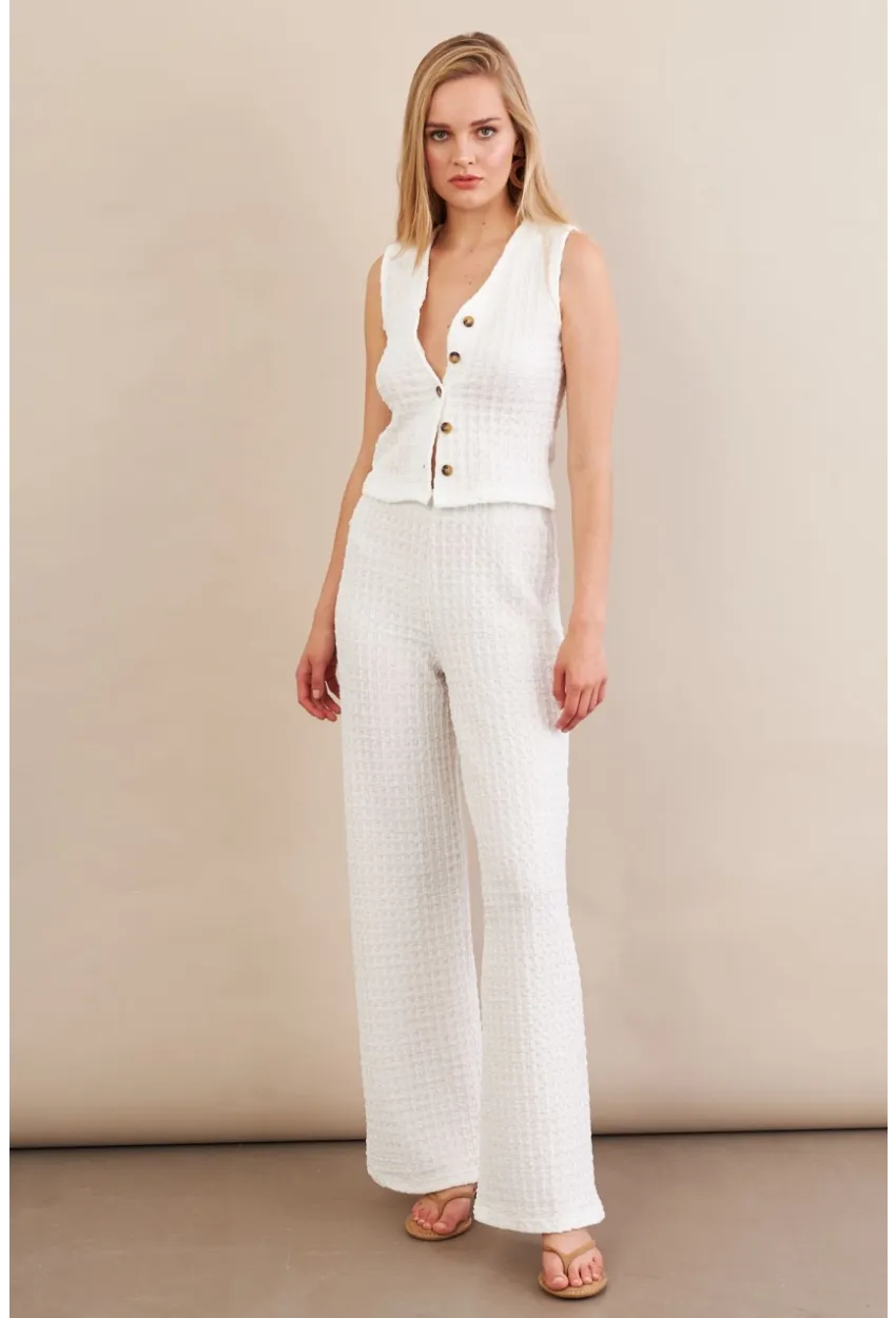 Kadın Beyaz Gofre Yelek Pantalon Takım FLU330