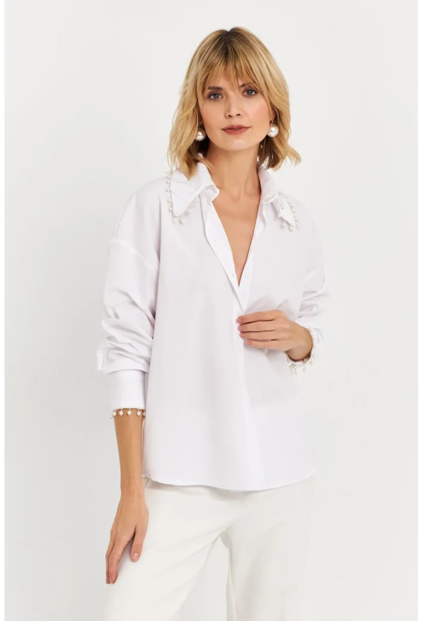 Kadın Beyaz İnci Detaylı Gömlek KED4162