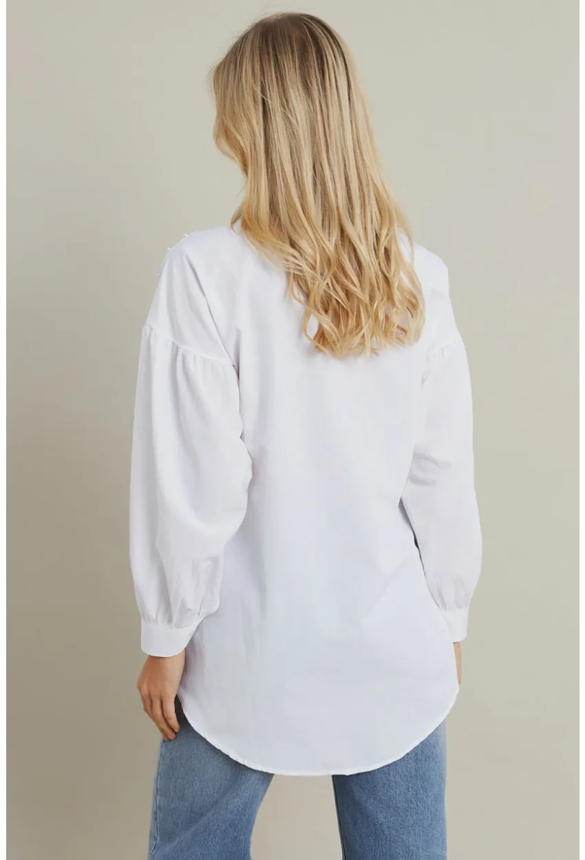 Kadın Beyaz İncili Balon Kol Gömlek MASF16