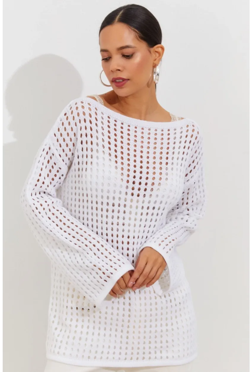 Kadın Beyaz İspanyol Kol Ajurlu Triko Uzun Bluz SMT198