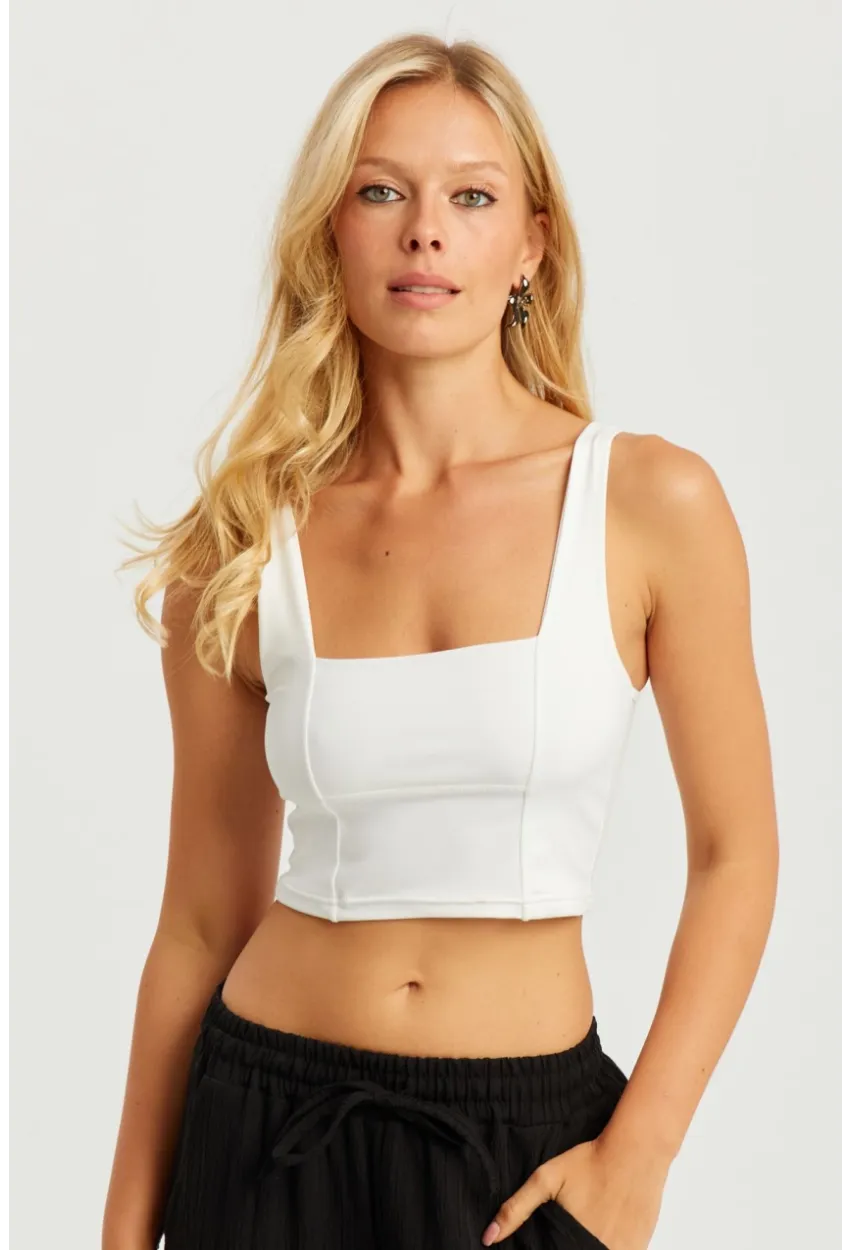 Kadın Beyaz Kare Yaka Crop Bluz CG348