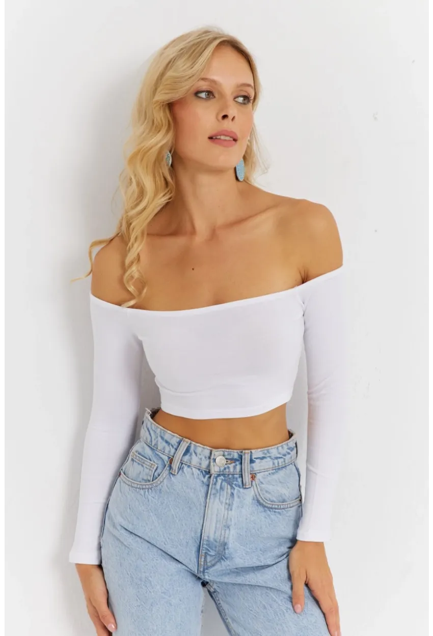 Kadın Beyaz Kare Yaka Crop Bluz CG364