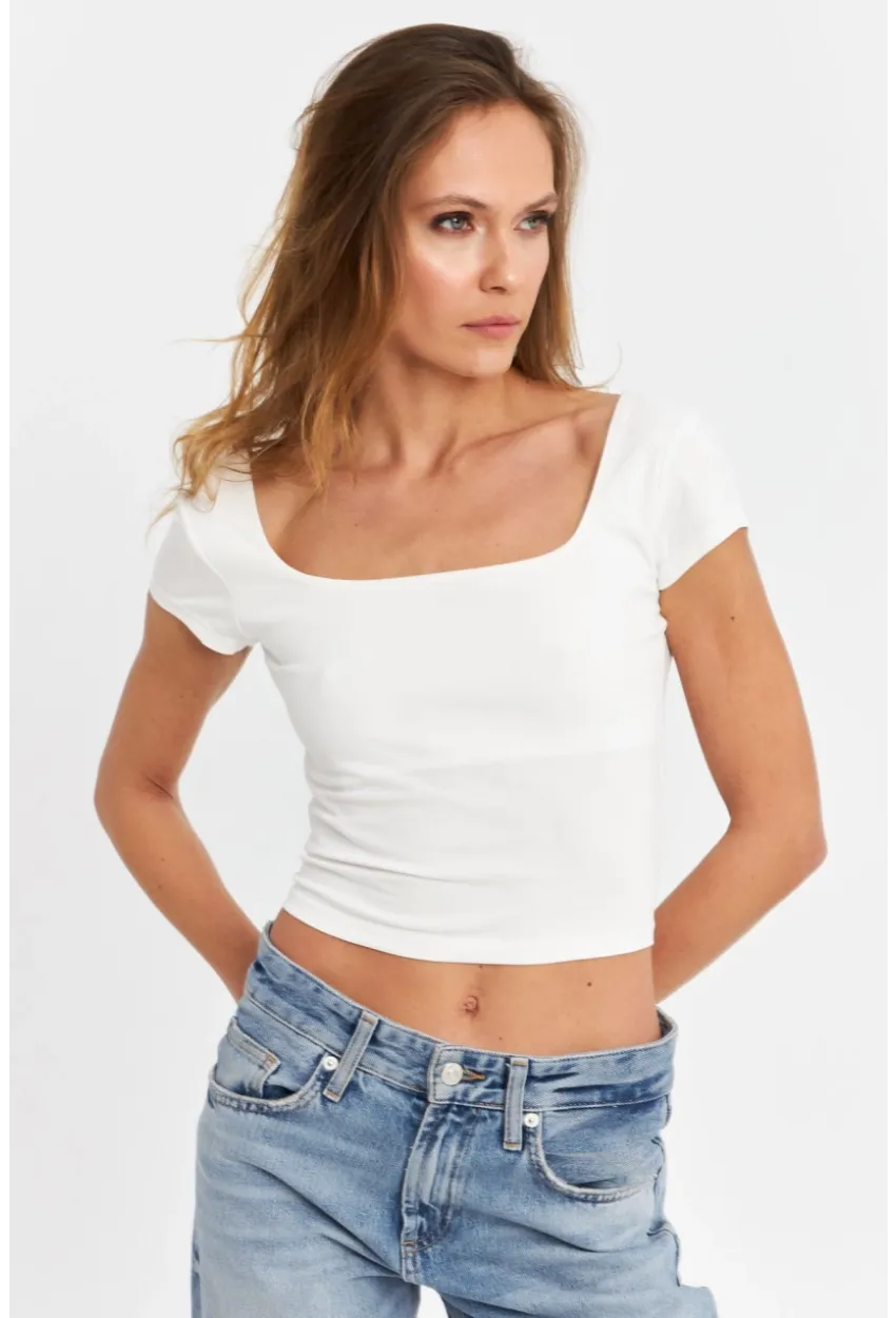 Kadın Beyaz Kare Yaka Crop Bluz SB108