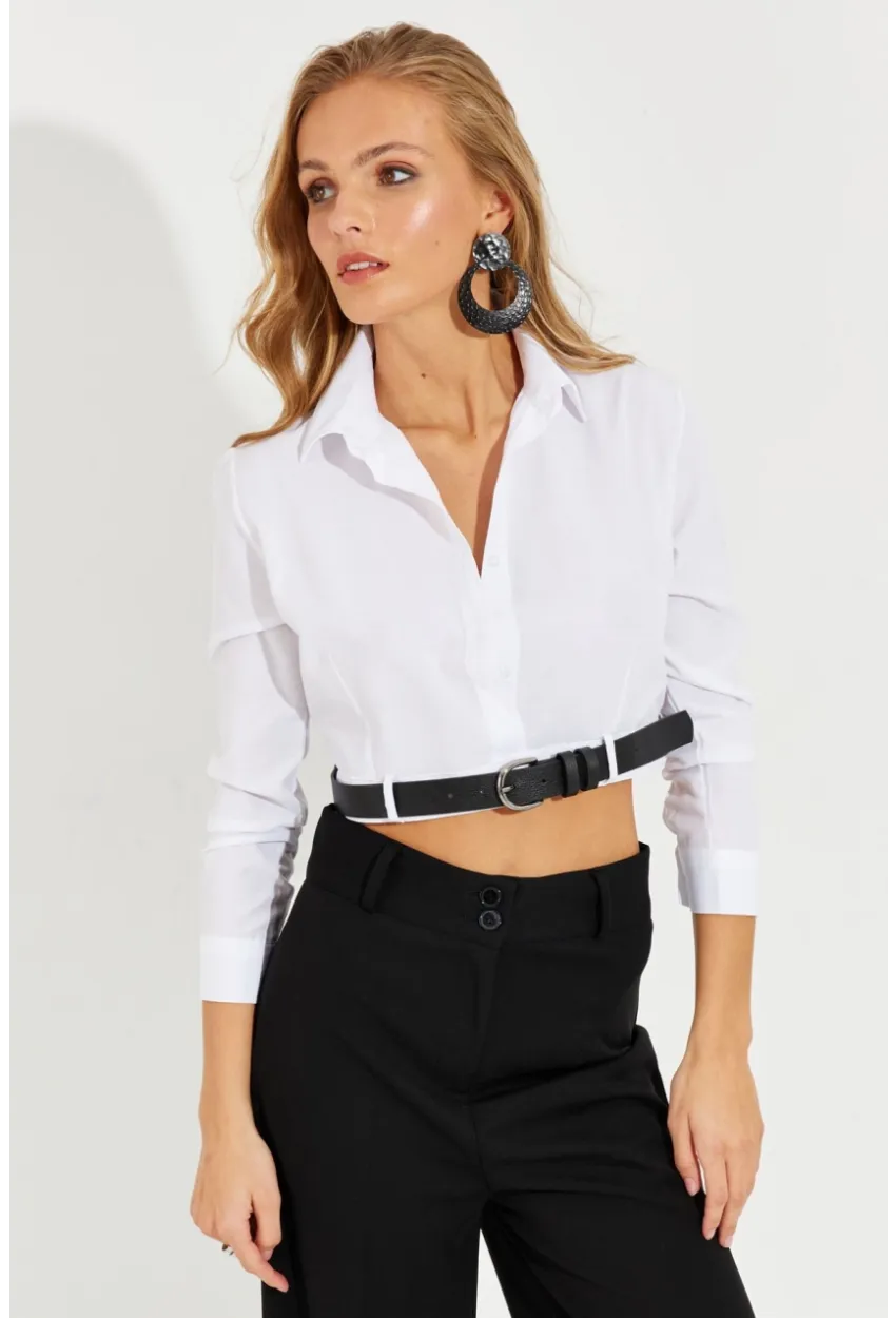 Kadın Beyaz Kemerli Kısa Gömlek MEN2017