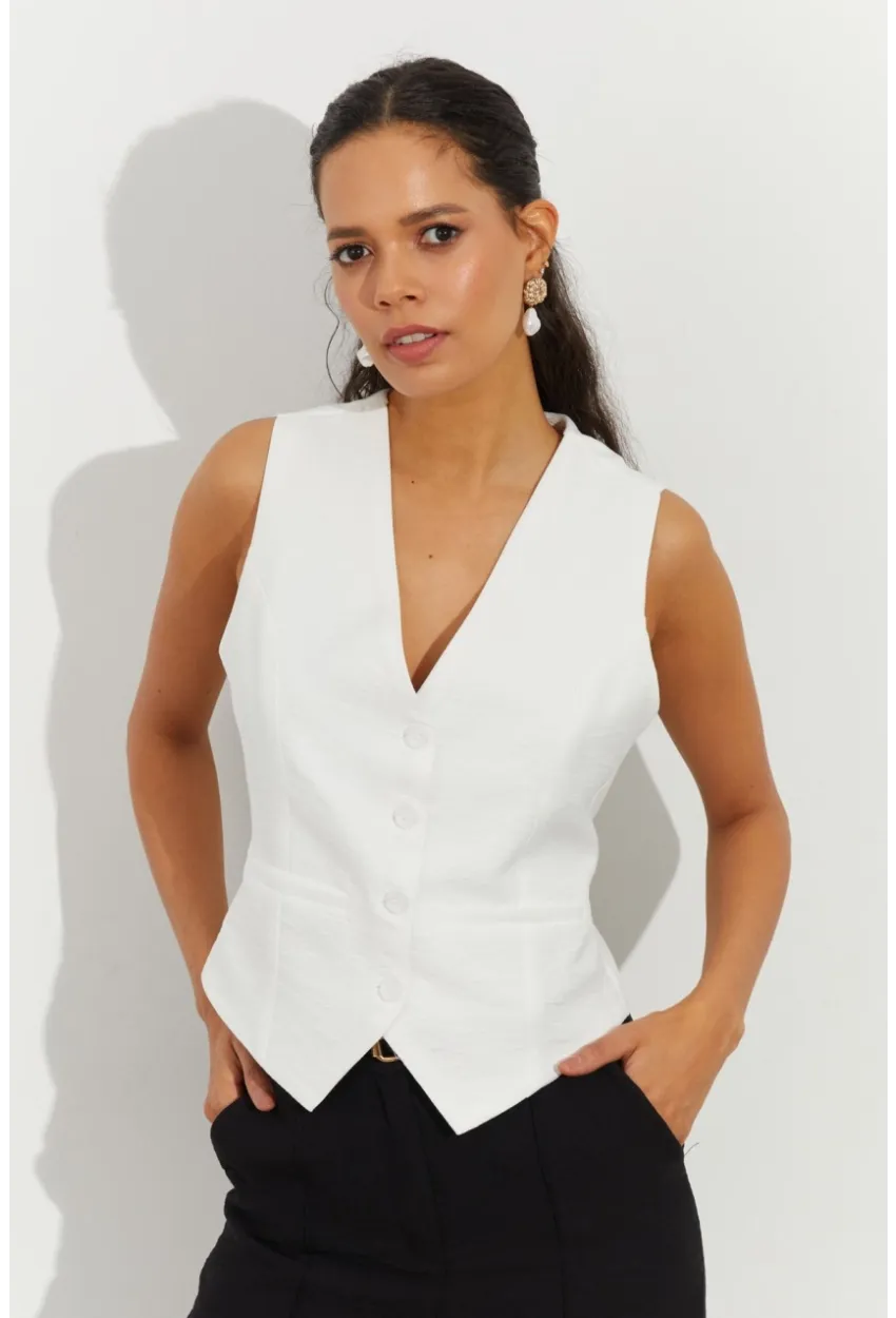 Kadın Beyaz Keten Astarlı Yelek TW60046