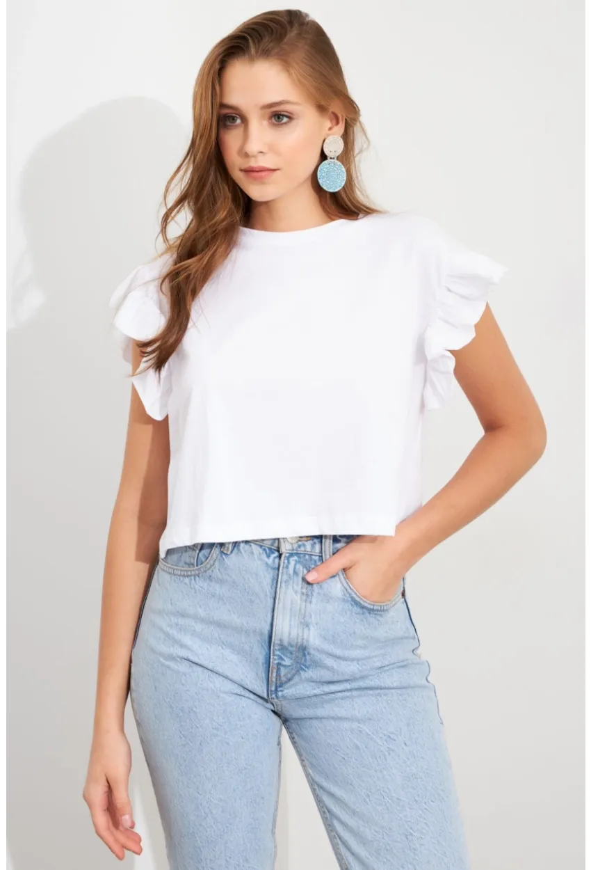 Kadın Beyaz Kolları Volanlı Crop T-Shirt SAN100