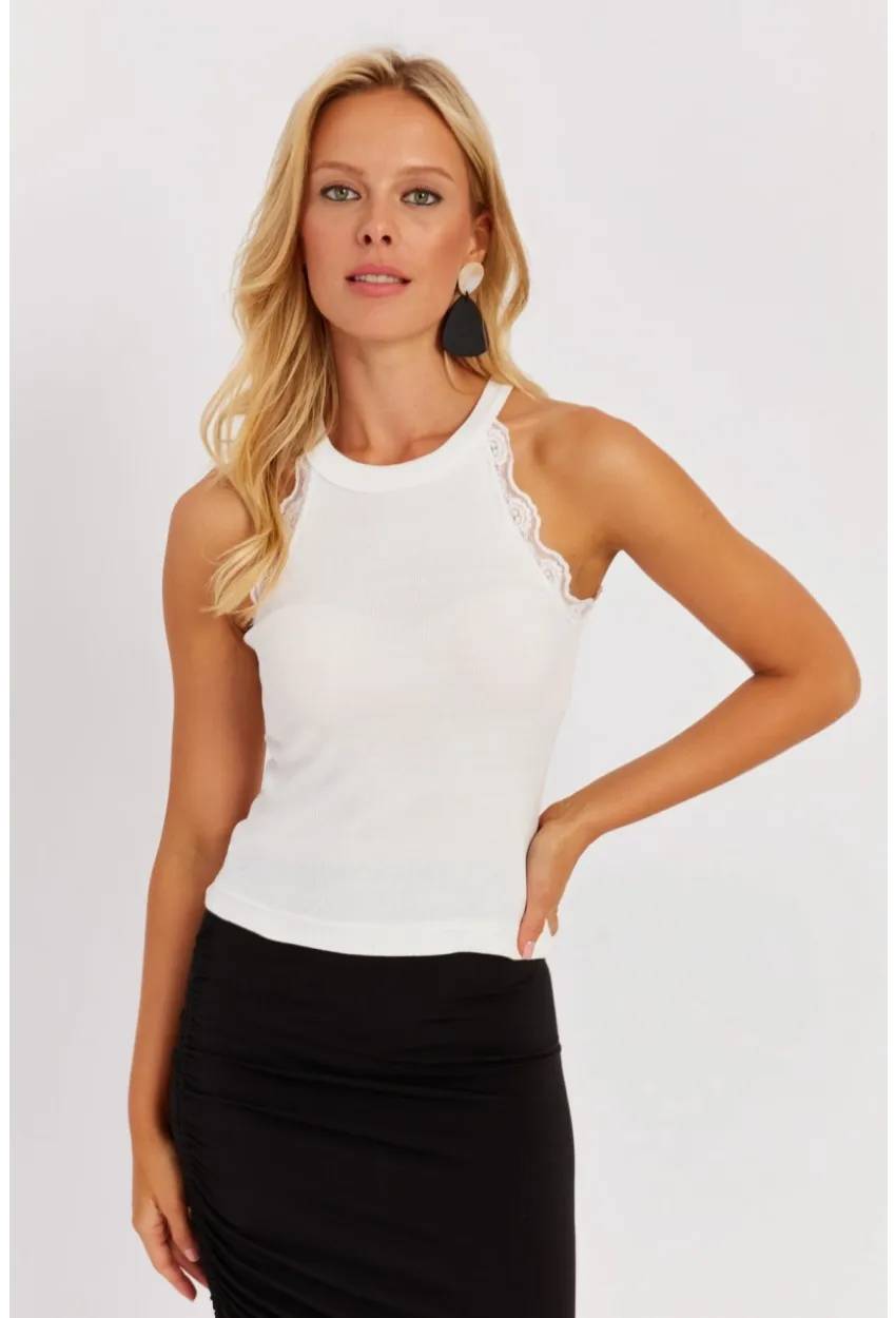 Kadın Beyaz-Lila Halter Yaka Dantelli Bluz MK08