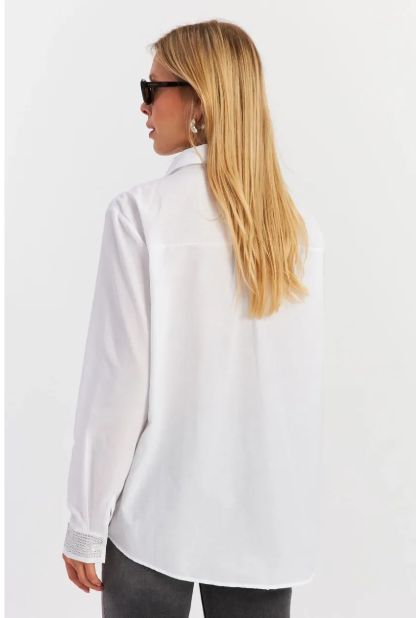 Kadın Beyaz Manşeti Taşlı Gömlek MZER415