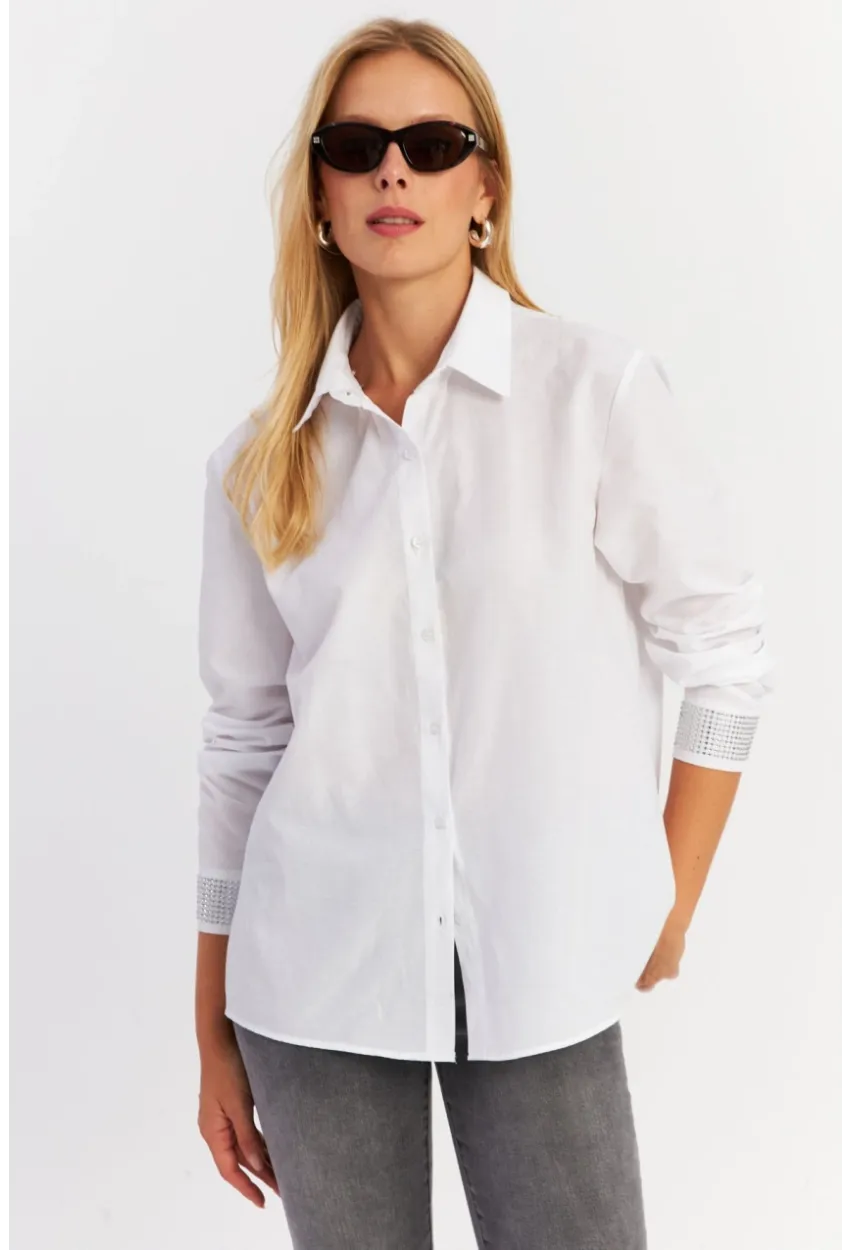 Kadın Beyaz Manşeti Taşlı Gömlek ZER415