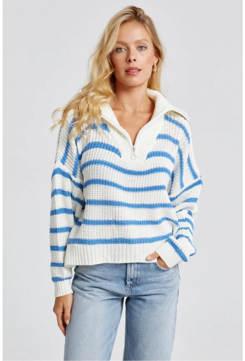 Kadın Beyaz-Mavi Fermuarlı Çizgili Kazak MSS133