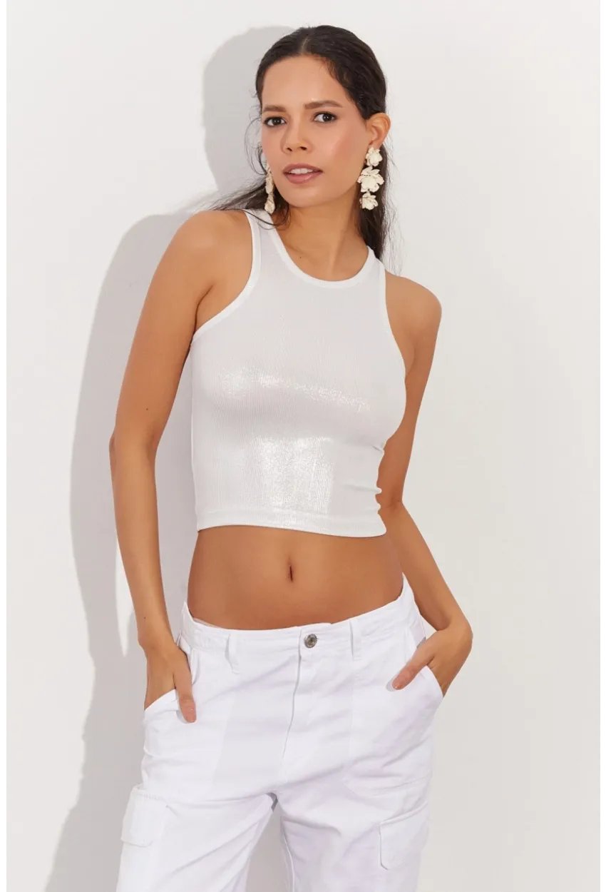 Kadın Beyaz Metalik Crop Bluz LPP1218