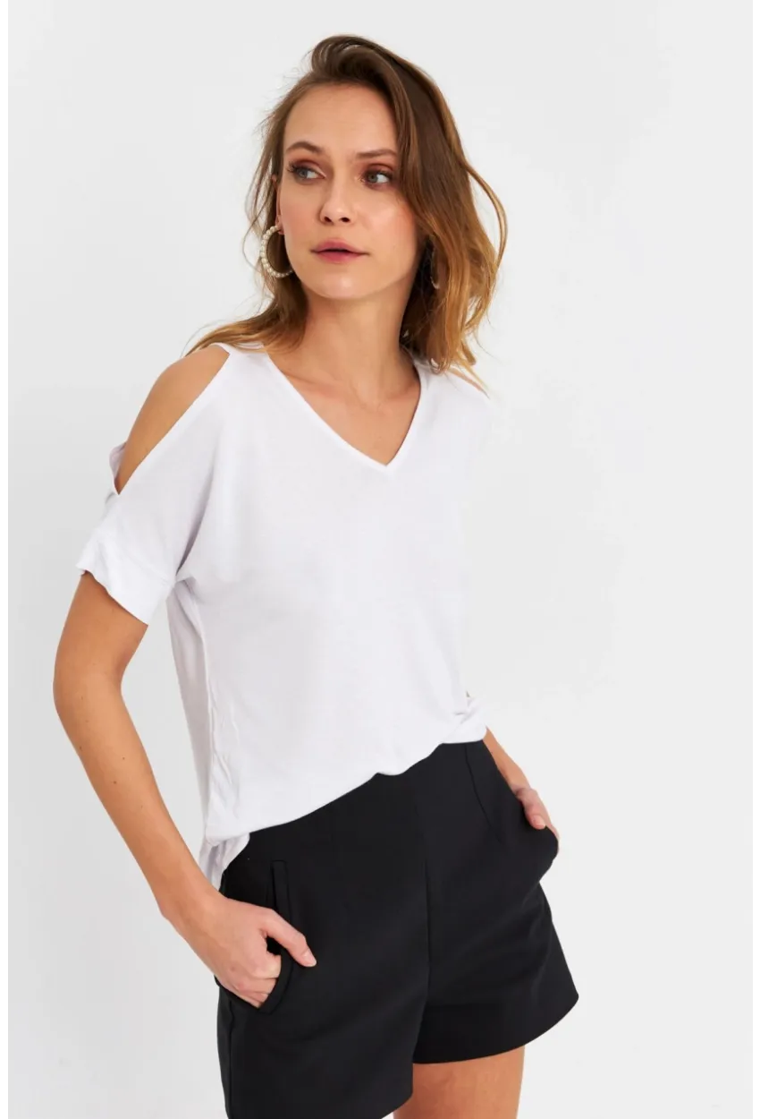Kadın Beyaz Omuzları Açık Bluz BR1329