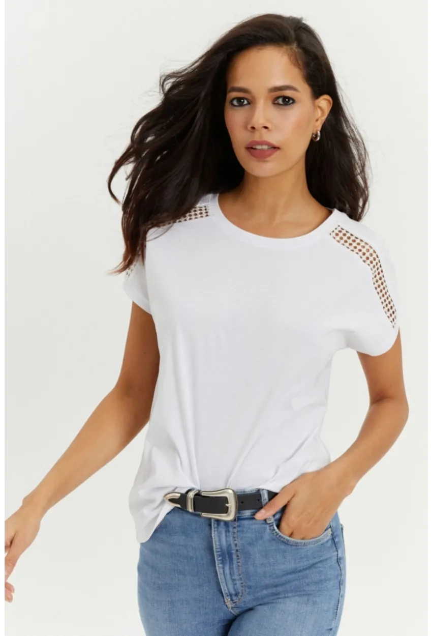 Kadın Beyaz Omuzları Dantel Salaş T-Shirt Yİ2442