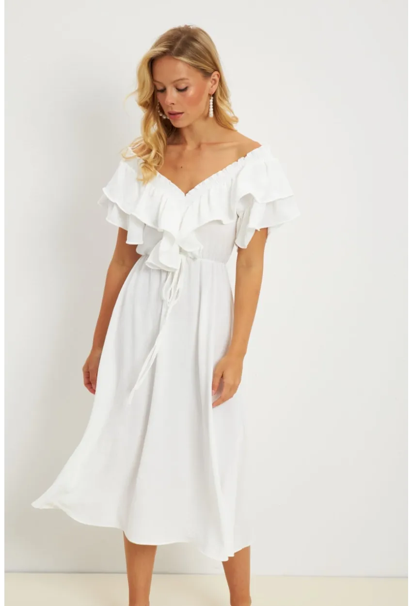 Kadın Beyaz Ön Arka V Volanlı Elbise KS113