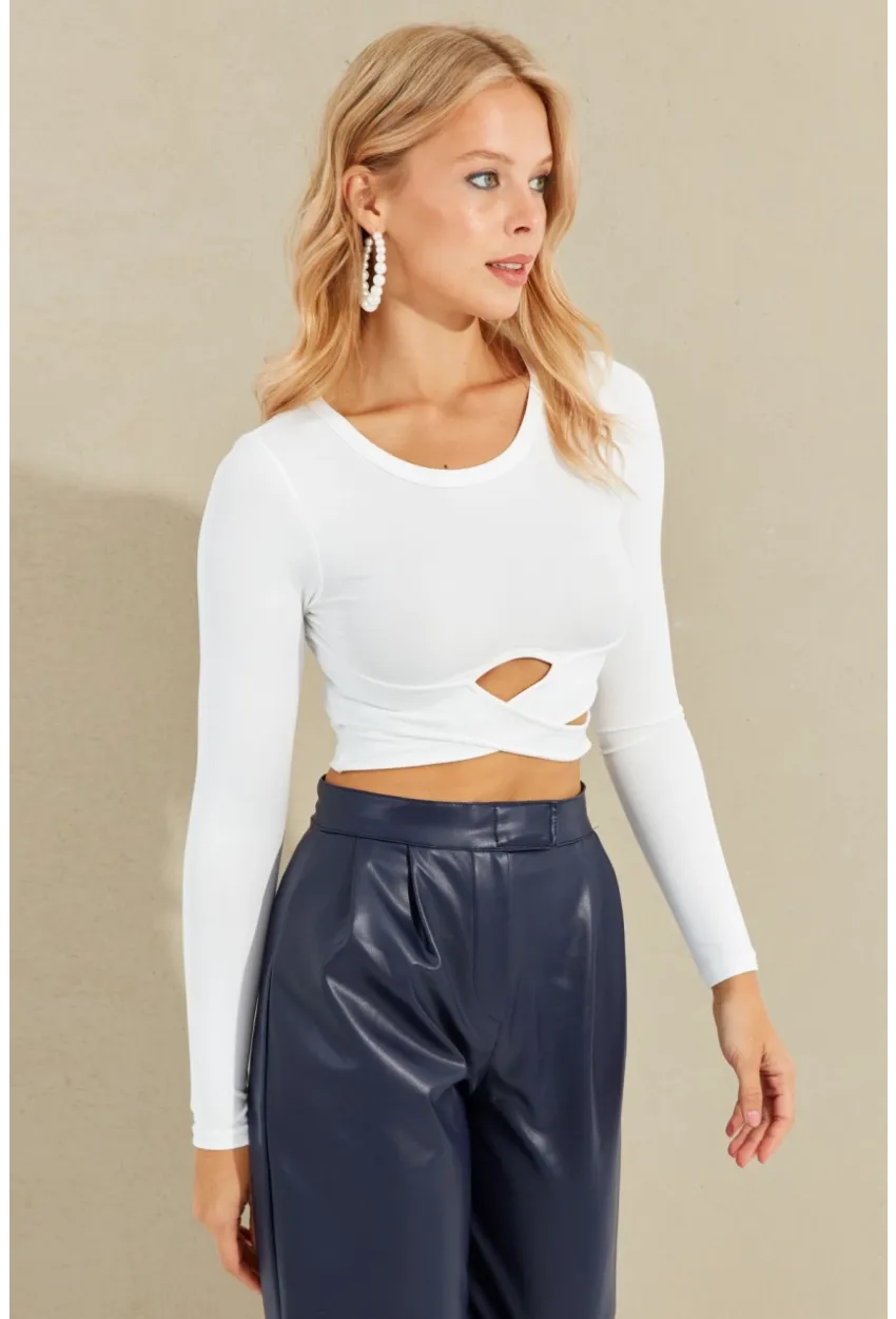 Kadın Beyaz Önü Çapraz Crop Bluz CY435