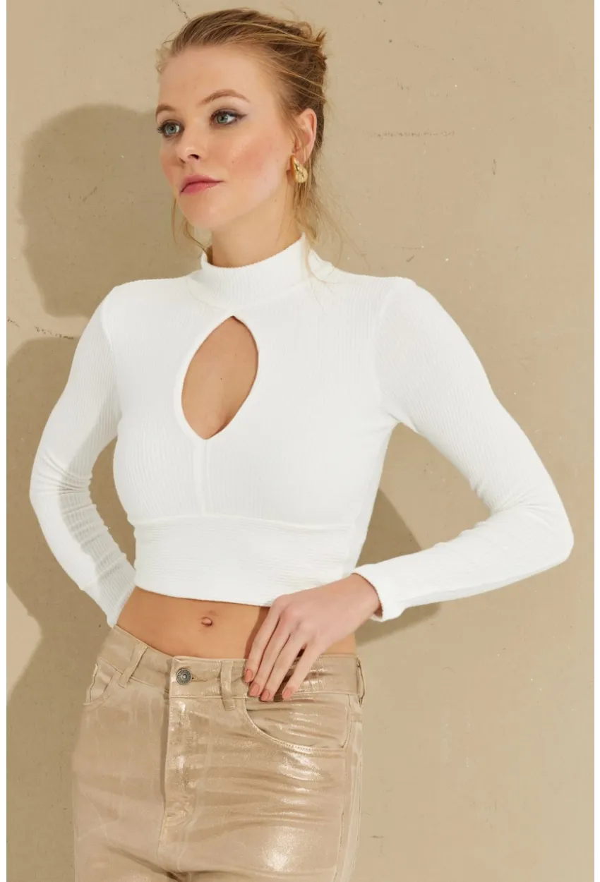 Kadın Beyaz Önü Damla Crop Bluz LPP1243