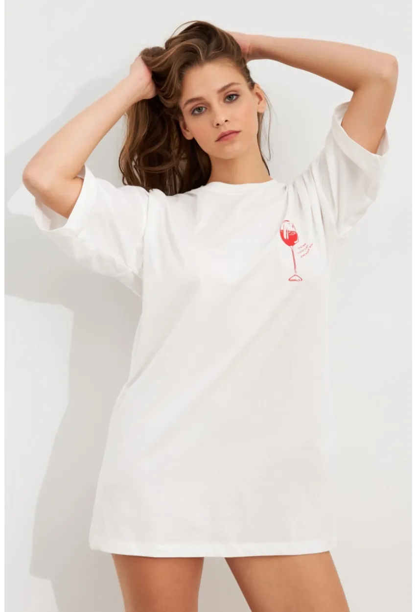 Kadın Beyaz Oversize Pijama T-Shirt TPG14