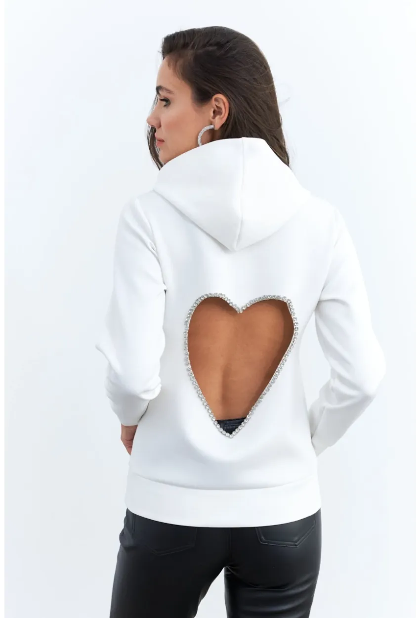 Kadın Beyaz Sırt Dekolteli Taşlı Sweatshirt BTH15