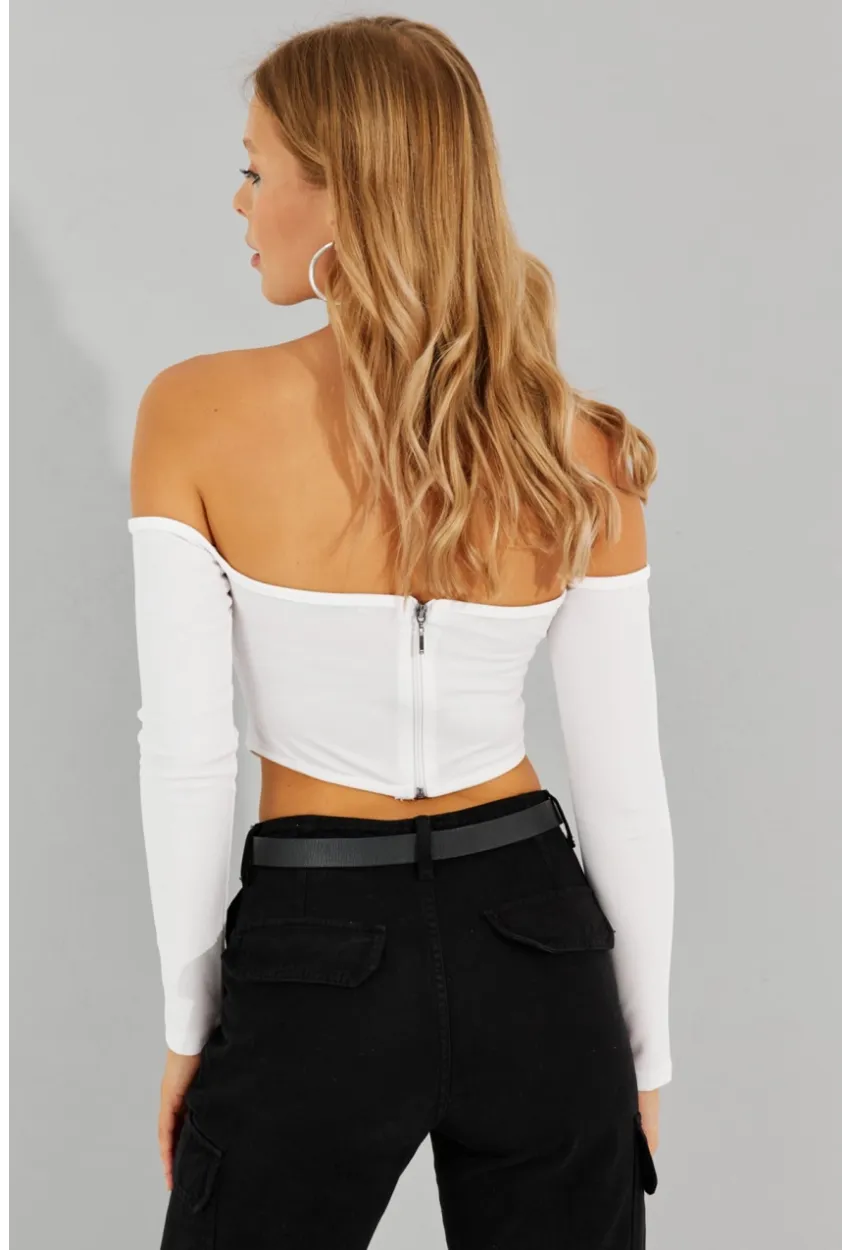 Kadın Beyaz Sırt Fermuarlı Crop Bluz CG312