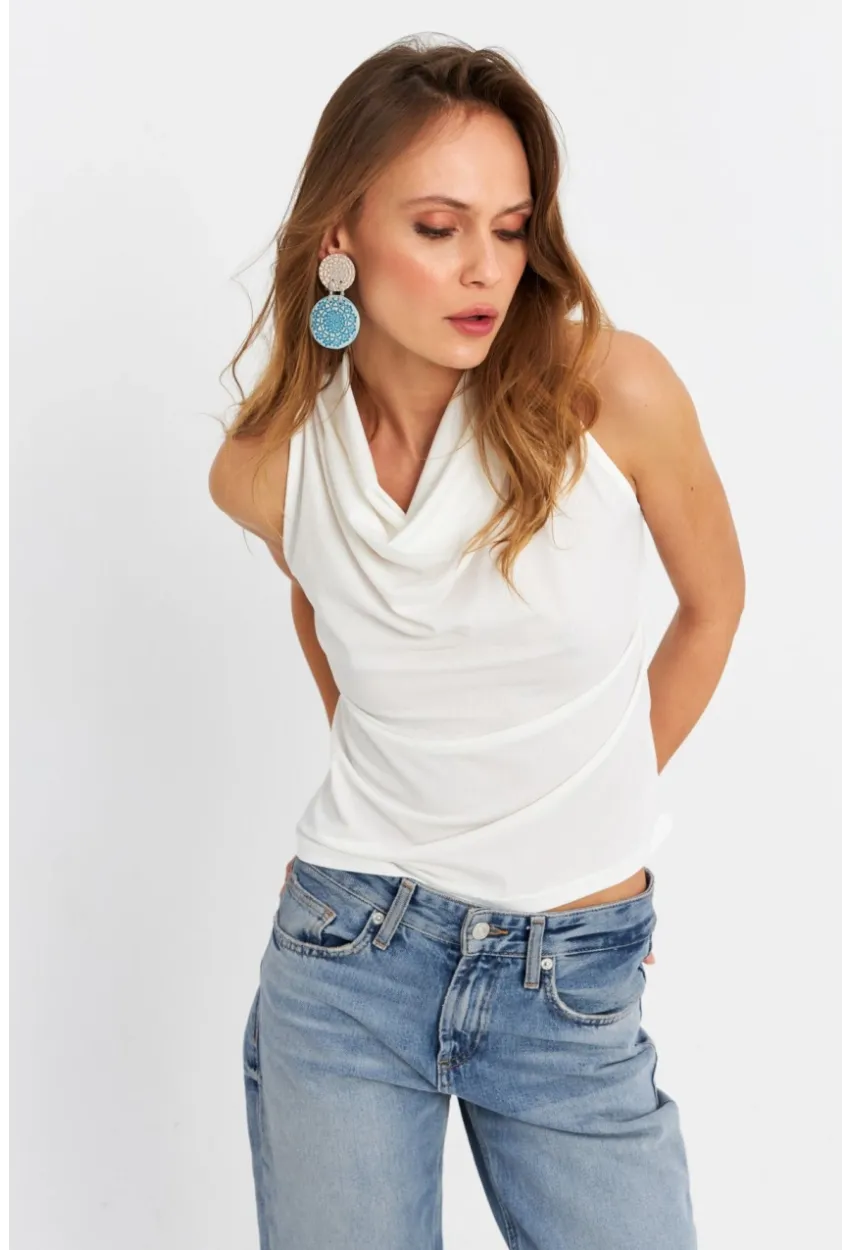 Kadın Beyaz Sırt Pencereli Desenli Bluz LPP1021