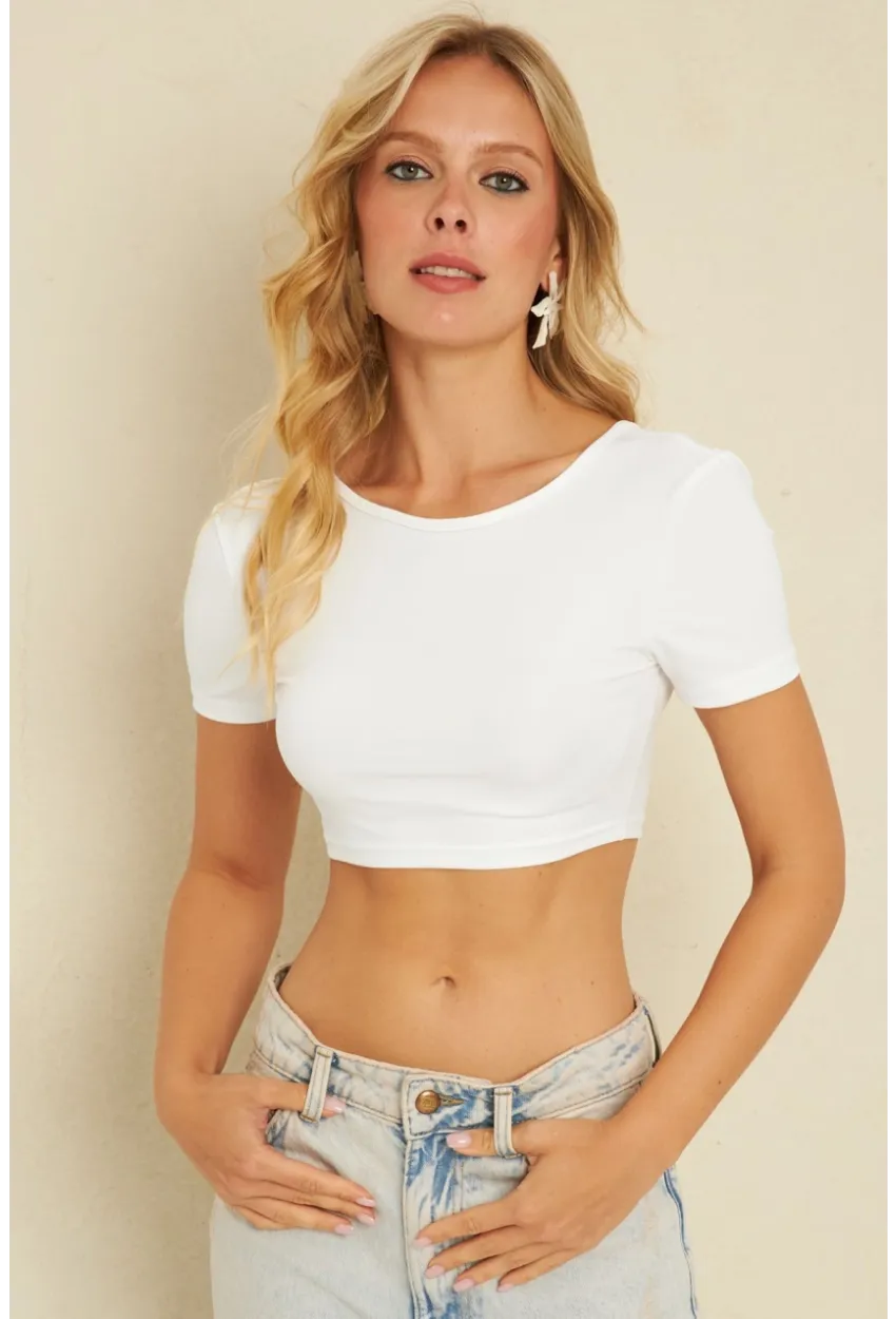 Kadın Beyaz Sırtı Açık Crop Bluz CG358